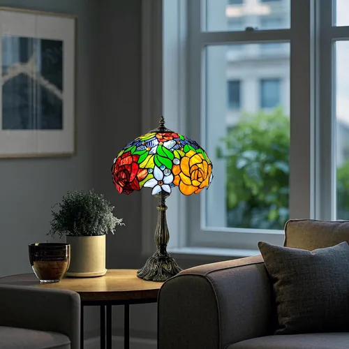 Vista 3 de Tiffany Style Stained Glass Table Lamp, Floral Pattern Desk Light with Antique Bronze Resin Base, Red Roses Decorative Lighting for Bedroom, Living