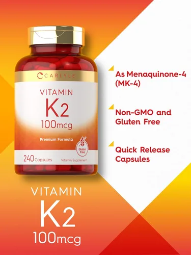 Vista 4 de Suplemento de vitamina K2 Carlyle 100 mcg K2 MK-4 240 cápsulas Sin OGM y sin gluten