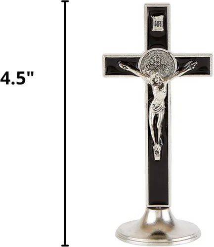 Vista 5 de Needzo Crucifijo de pie esmaltado negro de San Benito, cruz católica, regalos religiosos inspiradores para mujeres y hombres, decoración cristiana