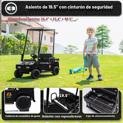 Vista 4 de Carrito de golf de 12 V para niños y niñas de 2 plazas, juguetes eléctricos, color negro