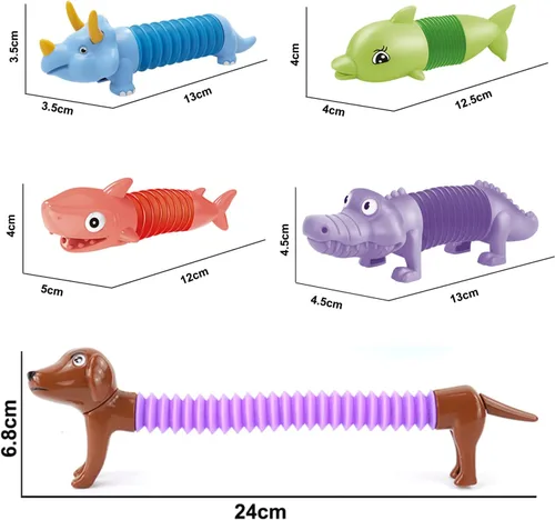 Vista 2 de Kryfa - Tubos telescópicos de animales con ventosa, juguetes para ansiedad para niños y adultos, paquete de 5 Animals Pop Tube, Road Trip