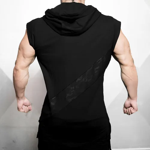 Vista 2 de MECH-ENG Camiseta sin mangas con capucha para hombre, camiseta atlética sin mangas, para culturismo, fitness, recortada, sudadera con capucha