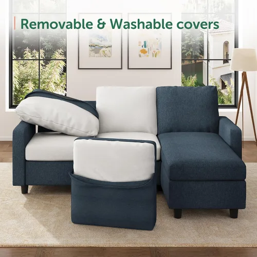 Vista 5 de HONBAY Sofá modular convertible, sofá en forma de L con diván reversible para espacio pequeño, color azul medio