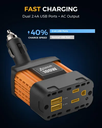 Vista 5 de Inversor de corriente para automóviles, de la marca Ampeak, de 12 V CC a 110 V CA, con puerto USB Pico de sobretensión de 200 W, 1 toma de CA, USB
