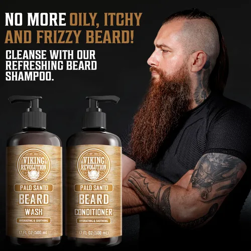 Vista 2 de Viking Revolution Juego de champú y acondicionador para barba Palo Santo con aceites de argán y jojoba - Suaviza y fortalece - Aroma natural a Palo