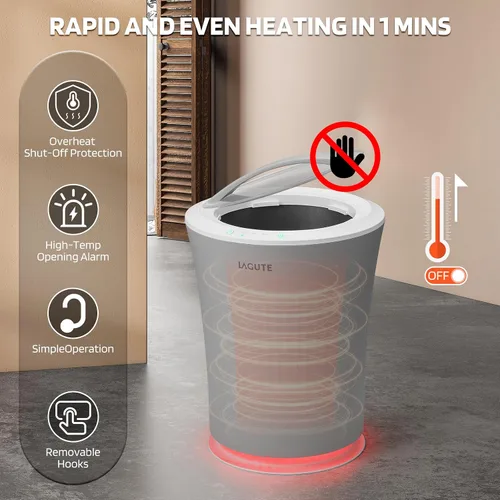 Vista 4 de Lagute Calentador de toallas de 20L para baño, temporizador de 3 niveles, alarma de advertencia y luz RGB, apagado automático, cubo calefactable