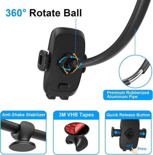 Vista 6 de APPS2Car Soporte de teléfono de automóvil de cuello de cisne de 14 pulgadas, soporte resistente para teléfono para camión, brazo largo flexible