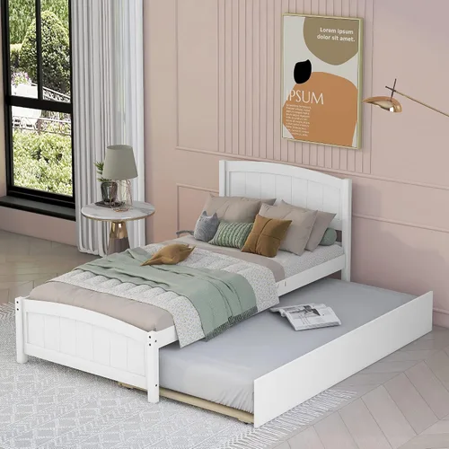 Vista 4 de Harper & Bright Designs Marco de cama individual, plataforma de madera con nido, cabecero, estribo y soporte de listones de madera (blanco)