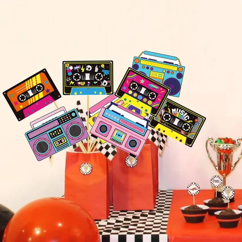 Vista 9 de Cinta de casete para decoración de mesa de fiesta, decoración de fiesta Boombox, decoración de fiesta de radio Boom Box Cut 1980, cinta de cassette