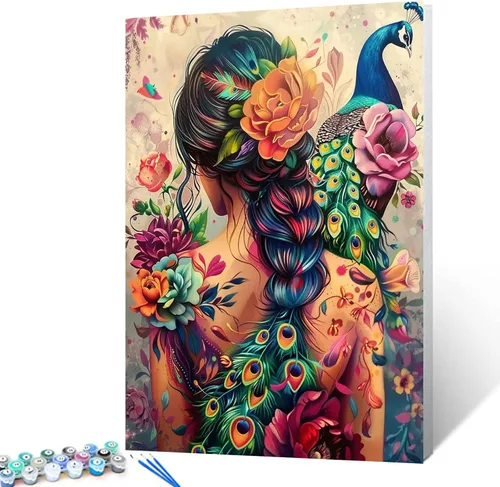 Vista 20 de Pintura por números para adultos, tatuajes de mujeres, pintura por números sobre lienzo, fácil de pintar para principiantes, tatuajes de flores