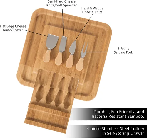 Vista 3 de Classic Cuisine - Bandeja de bambú para servir queso, tabla de charcutería ecológica con juego de cubiertos de acero inoxidable de 4 piezas y cajón