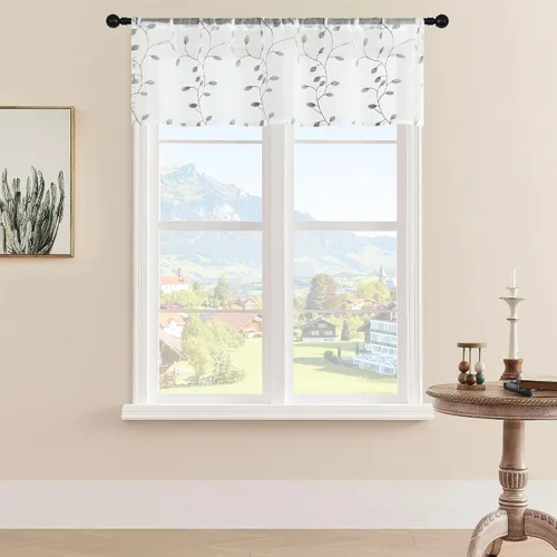 Vista 15 de MRTREES Cenefa de cortina transparente de Navidad, 2 paneles de cortinas bordadas con hojas pequeñas de 54 x 16 pulgadas, bolsillo para barra