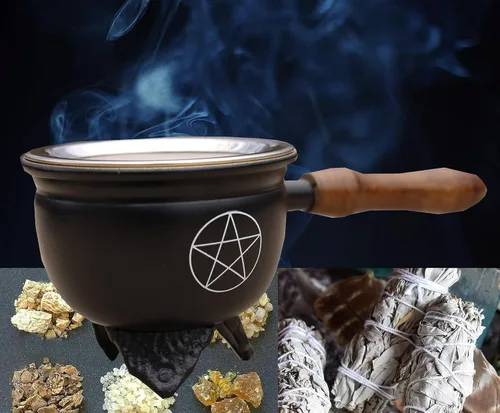Vista 6 de Quemador de incienso de carbón de metal grande con mango de madera (Pentagrama)