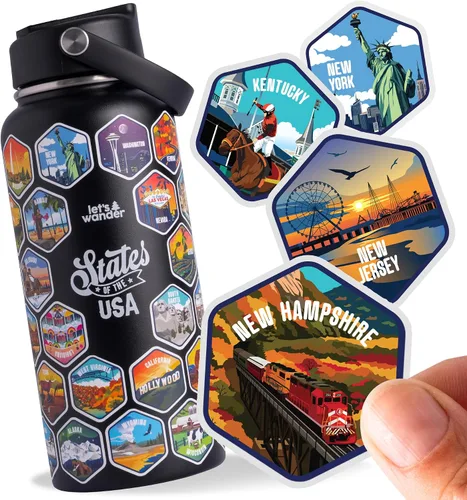 Vista 12 de LET'S WANDER Lets Wander 50 States - Botella de agua con calcomanías impermeables, acero inoxidable aislado a prueba de fugas de 32 onzas