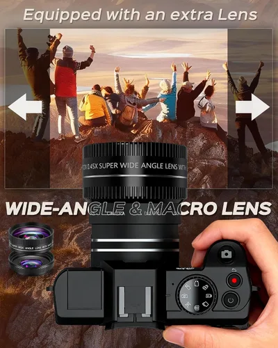 Vista 3 de Cámara digital 5K para fotografía con WiFi 48MP cámara de vlogging para principiantes con pantalla abatible, gran angular y lente macro, micrófono