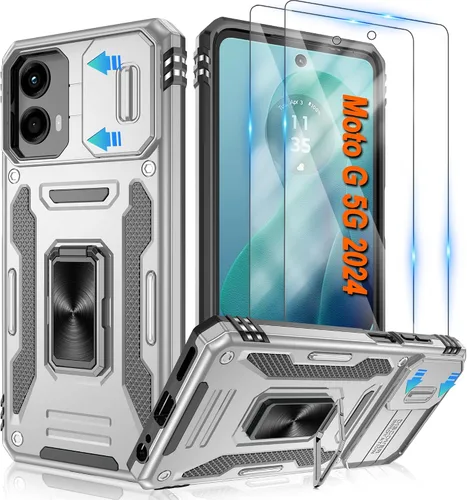 Vista 32 de Atump Funda para Motorola Moto G Play 2024 (4G) con [paquete de 2] protector de pantalla HD y cubierta para cámara deslizante, soporte de anillo