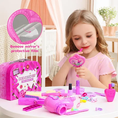 Vista 5 de VGOFUN Juguetes de peluquería para niñas, 38 piezas de juguetes para niñas, juego de salón de belleza, juego de simulación para niños, kit