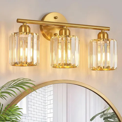 Vista 10 de Moderna lámpara de tocador de cristal de 2 luces, lámpara vertical de baño de níquel cepillado sobre espejo para tocador y lavabo, compatible