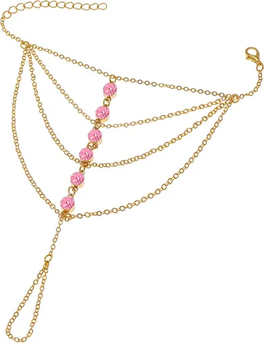 Vista 10 de Suyi Pulsera de anillo de dedo, arnés de mano, pulsera de cadena de diamantes de imitación, regalos para mujeres 2 piezas oro