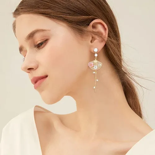 Vista 6 de Pendientes de hoja de Sakura con perlas rosadas Ginkgo Biloba Cat Fairy Flower Statement Pendientes para mujer