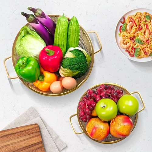 Vista 2 de Colador dorado para cocina, 3 cuartos de galón, colador de acero inoxidable con asa para frutas, verduras, cocinar alimentos, apto para lavavajillas