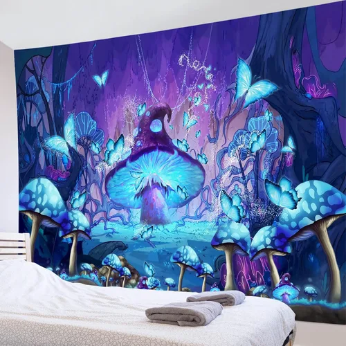 Vista 16 de LB Tapiz de mariposa Trippy para colgar en la pared, manta de tapiz estético psicodélico negro, decoración de pared de insectos de polilla colorida
