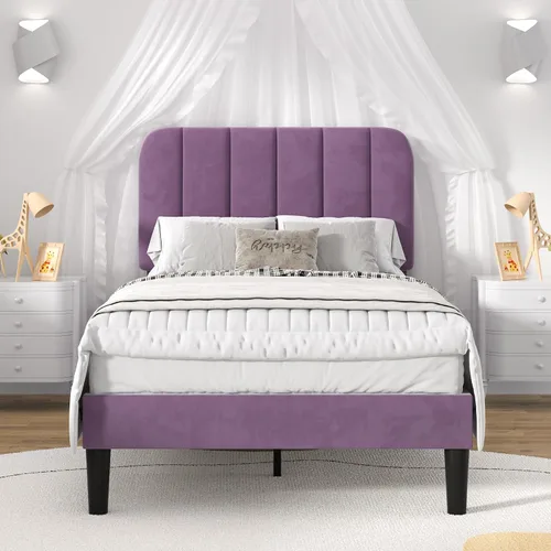 Vista 45 de VECELO Base de cama tapizada de tamaño matrimonial con 4 cajones y cabecero, plataforma de terciopelo, soporte de listones de madera, no necesita