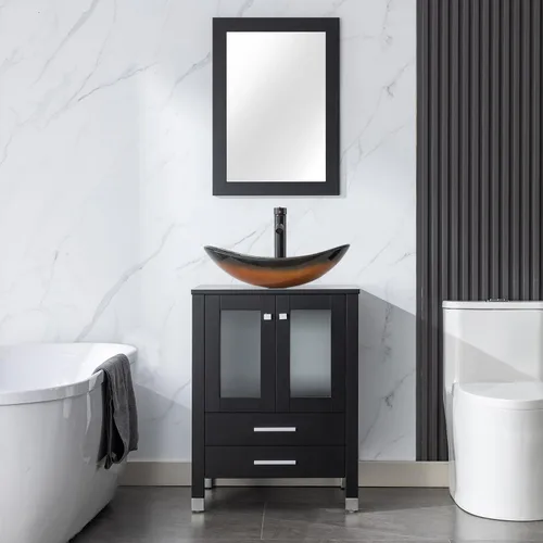 Vista 15 de LUCKWIND Combinación de tocador de baño de 24 pulgadas con lavabo, serie elegante con marco pintado, armario de almacenamiento de baño de dos