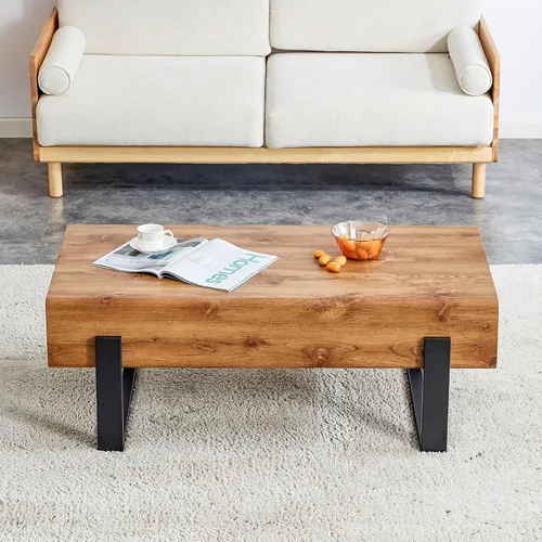 Vista 4 de Mesa de centro de madera, mesa central rectangular de 47.2 pulgadas con escritorio de MDF y patas de metal, moderna mesa de té de madera maciza