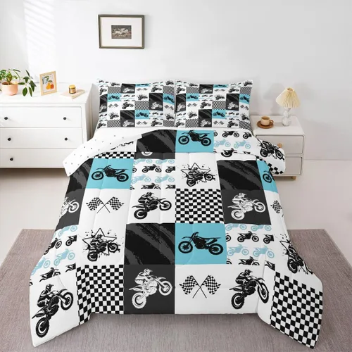 Vista 10 de Feelyou Kids Green Dirt Bike Duvet Insert Twin Size, Extreme Sports Comforter Set Boys Girls Motorbike Bedding Set Teens Bedroom Decor Microfiber