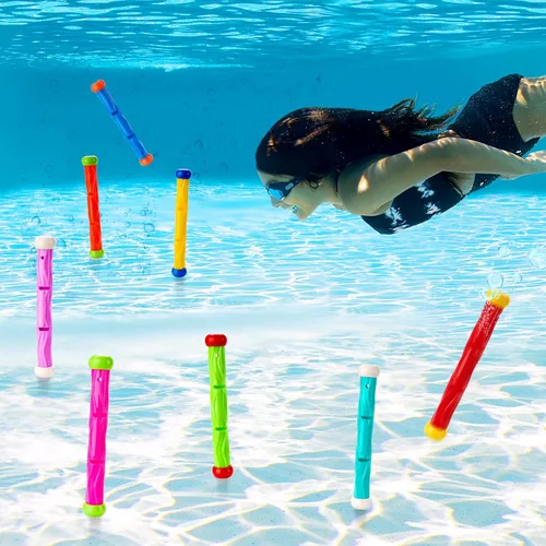Vista 3 de JOYIN Bastones de buceo, juguetes de piscina, 8 piezas de entrenamiento subacuático para niños, colorido juguete de natación hundimiento, palos