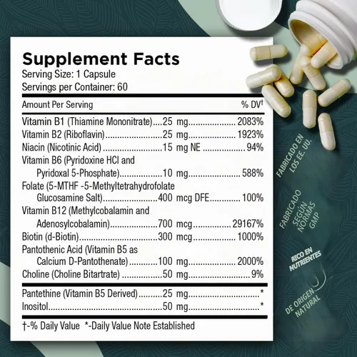 Vista 6 de Vitaminas B metiladas del complejo B Tri-Methyl+ - Suplemento vitamínico del complejo de metilo B de espectro completo para apoyo MTHFR con formas