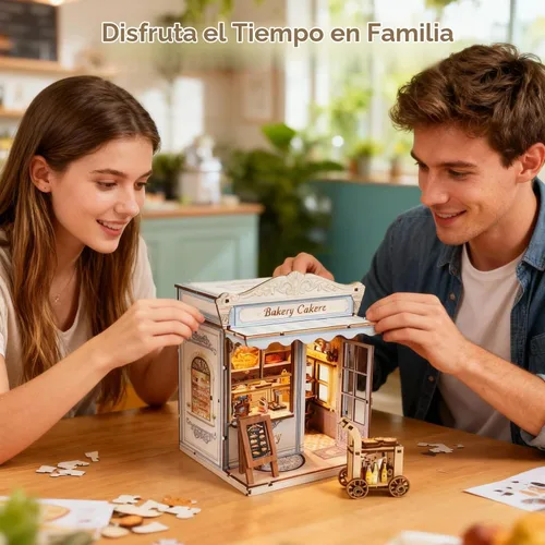 Vista 7 de Kit de construcción de casa en miniatura DIY, kit de rincón de lectura de panadería, rompecabezas de madera en 3D para estanterías, kit de casa