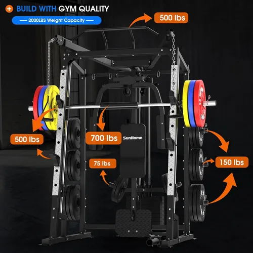 Vista 6 de SunHome Smith Machine, soporte para sentadillas Power Cage con barra Smith, sistemas de tracción LAT, máquina cruzada de cables y accesorio de cable