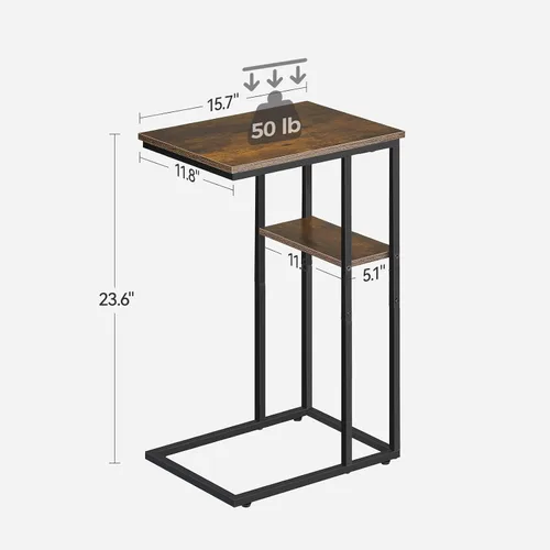 Vista 3 de Juego de 2 mesas auxiliares en forma de C, mesa de madera rústica y marco de metal, mesas auxiliares de doble capa para sala de estar, dormitorio