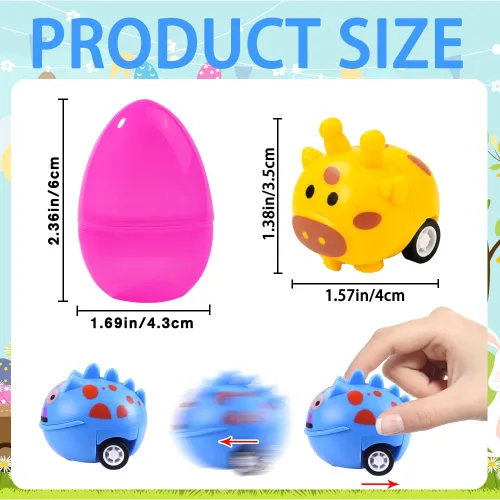 Vista 2 de DIYDEC 12 huevos de Pascua precargados con juguetes de auto para tirar hacia atrás, coloridos mini autos de carreras, regalos para niños, regalos