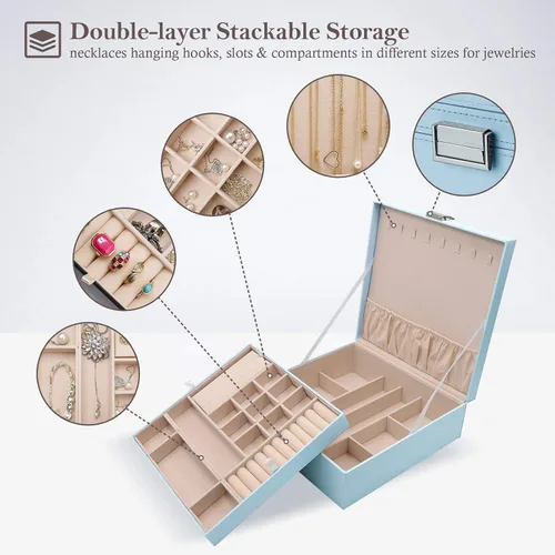 Vista 3 de ProCase - Joyero grande de cuero con dos niveles para organizar aretes pulseras anillos relojes para mujeres niñas regalo ideal para novia o esposa