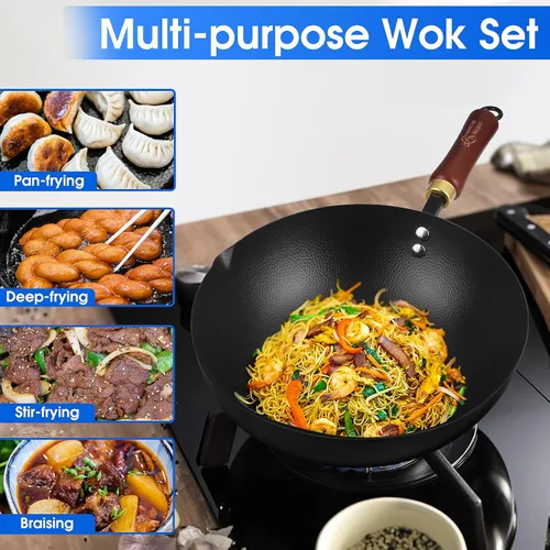 Vista 4 de Souped Up Recipes Wok de acero al carbono de 10 pulgadas para estufas eléctricas, de inducción y de gas (tapa y video de guía de usuario incluido)