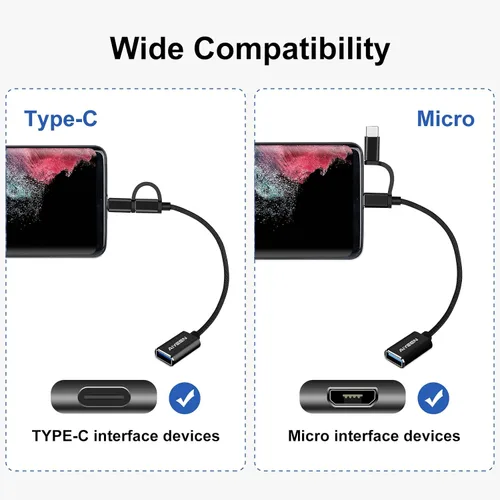 Vista 3 de Adaptador USB-C/Micro a USB, USB 3.0 2 en 1, cable adaptador OTG, compatible con MacBook Pro, Android, Google, Samsung y más, negro