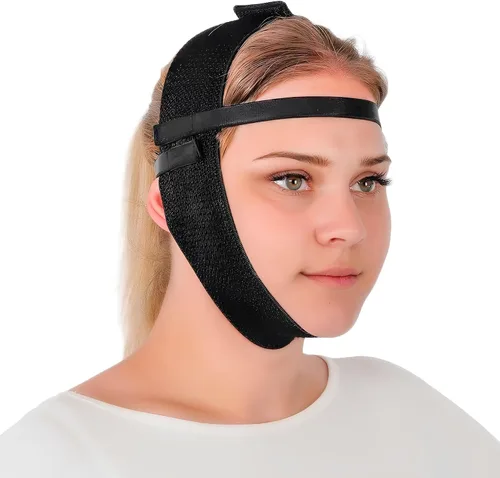 Vista 9 de Banda de correa de barbilla para ropa de compresión facial poscirugía, Cinta de envoltura de cara de doble barbilla, Ejercitador de línea de Beige