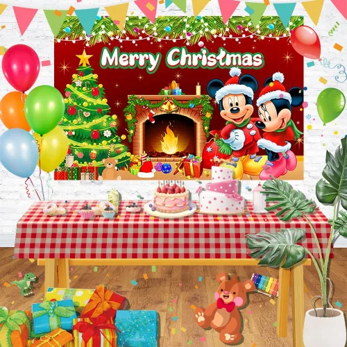 Vista 2 de Decoraciones de Fiesta de Navidad de Mickey Mouse - Fondo Rojo para Chimenea y Mesa de Pastel - Pancarta Temática de Navidad de 5x3 pies