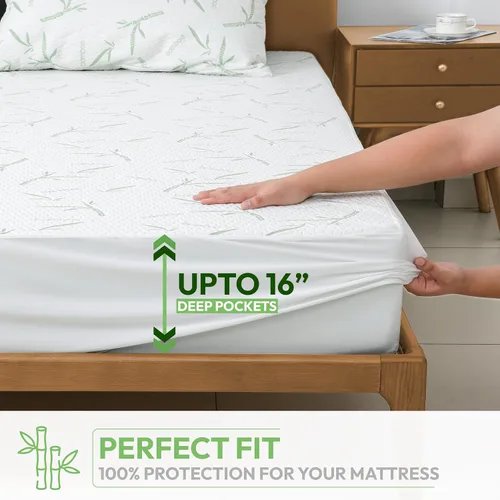Vista 4 de Hannah Linen Protector de colchón de bambú, 100% impermeable, funda de colchón individual – Funda de colchón de bolsillo profundo ajustable de hasta