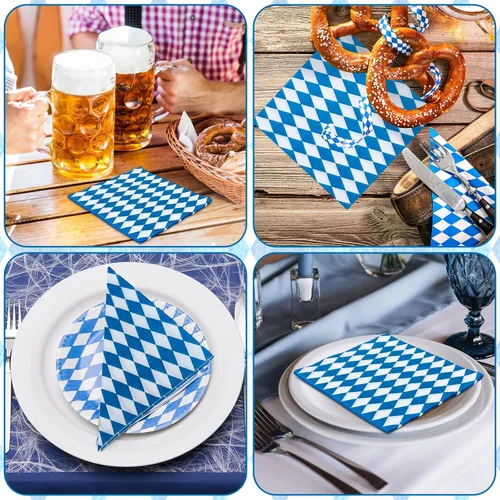 Vista 7 de Whaline Paquete de 80 servilletas de almuerzo Oktoberfest a cuadros azules y blancos, servilletas de papel desechables decorativas para postre