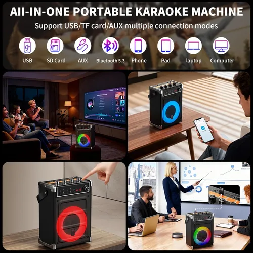 Vista 7 de JYX - Máquina de karaoke con 2 micrófonos inalámbricos, altavoz Bluetooth portátil con ajuste de graves/agudos y luz LED, compatible con TWS