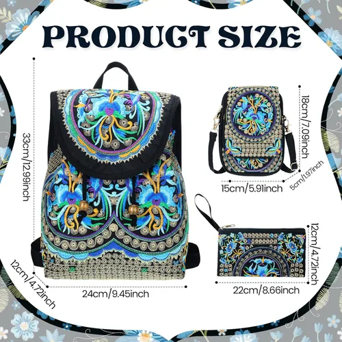 Vista 2 de 3 unids mujeres vintage bordado étnico hecho a mano mochila flor Crossbody bolsa Hmong mochila bolso mexicano, Azul series, Serie Azul