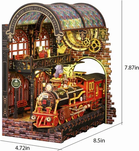Vista 7 de Kit de rincón de libros, kit de bricolaje en miniatura de casa de muñecas con tren de vapor, rompecabezas de madera 3D para colgar libros con LED