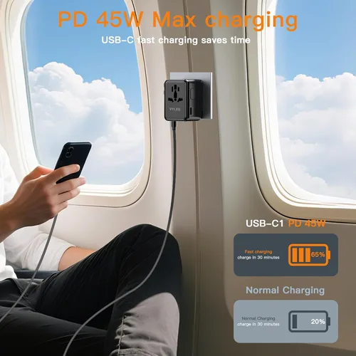 Vista 3 de Adaptador de Viaje Universal, VYLEE Adaptador de Enchufe Internacional de 45W con Carga Rápida PD, 5 Puertos (1 AC/1 USB-A/3 USB-C), Cargador