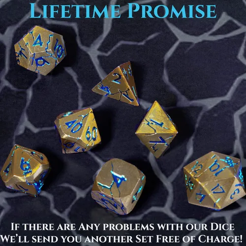 Vista 8 de Dados de metal con ruinas de hierro agrietado + dados de metal dorado con grietas azules