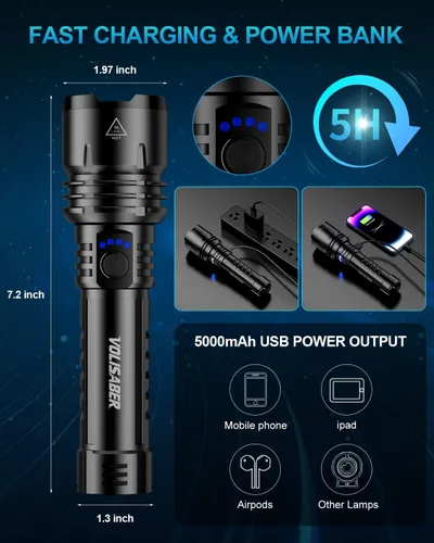 Vista 6 de Linterna de 2000 lúmenes de alta luminosidad con lente de encendido, linterna LED recargable superbrillante con zoom, 5 modos, impermeable, linterna