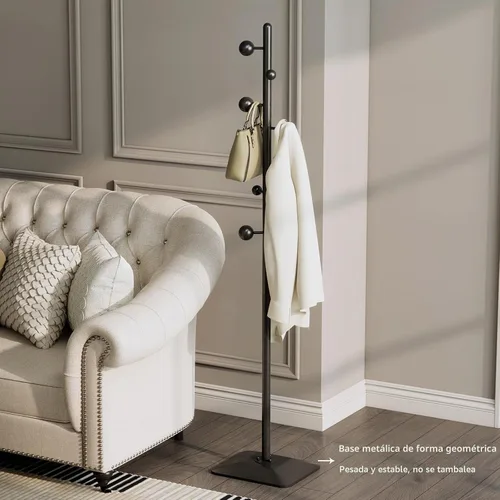 Vista 5 de Perchero de pie, Árbol de abrigos de pie resistente con 7 ganchos de bola, Soporte para colgar abrigos con base de metal para entrada, pasillo